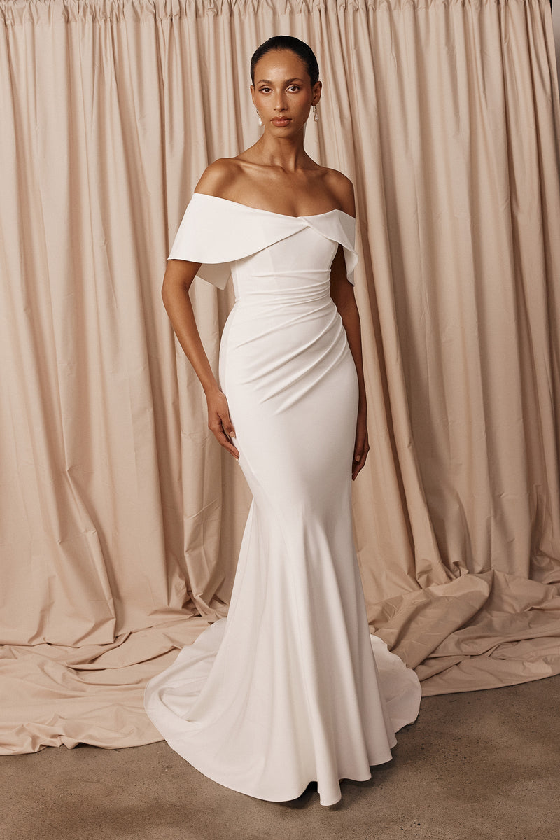 Off the Shoulder White Crepe Wedding Dress Fit & Flare Mermaid Boning Made to Order XL Juliette by Grace Loves Lace