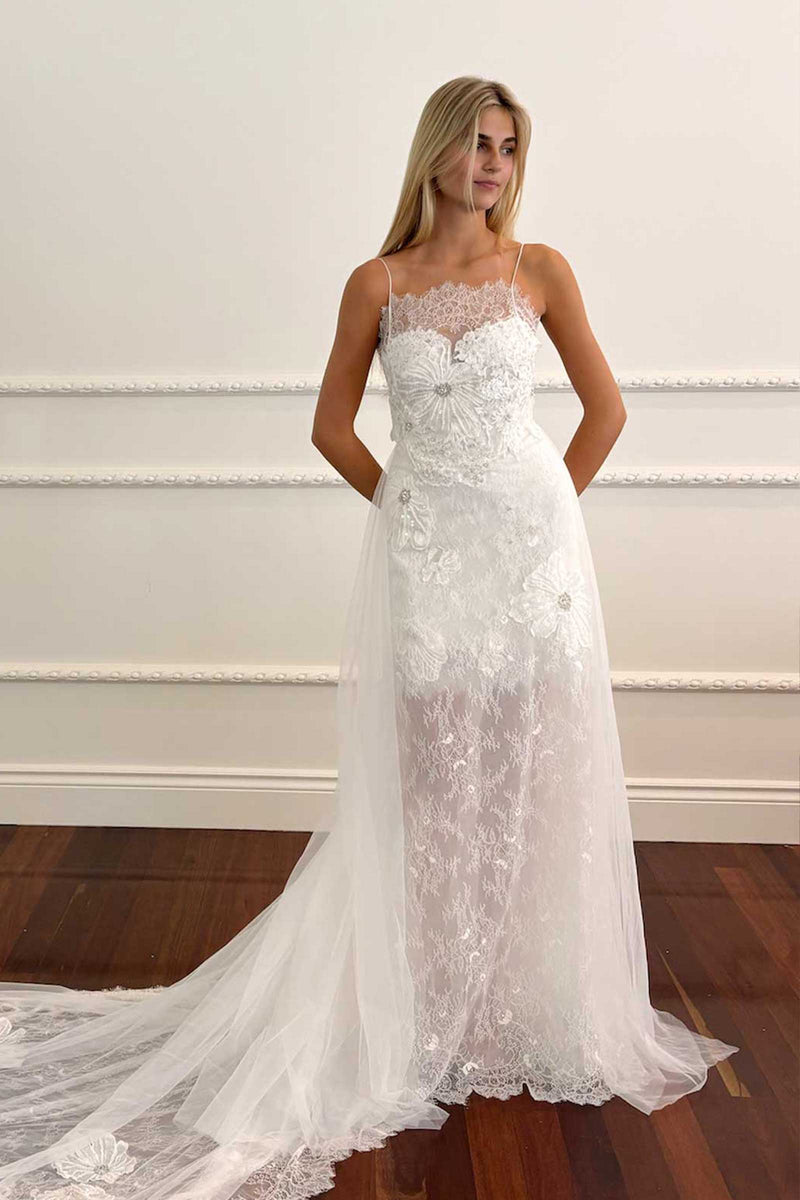 sheer lace wedding dress Davinci Bridal 50637 Long A Line V neck Train Floral Gown 6 / Ivory/Blush/Nude spaghetti straps Length Rosie | A-Line Wedding Dress