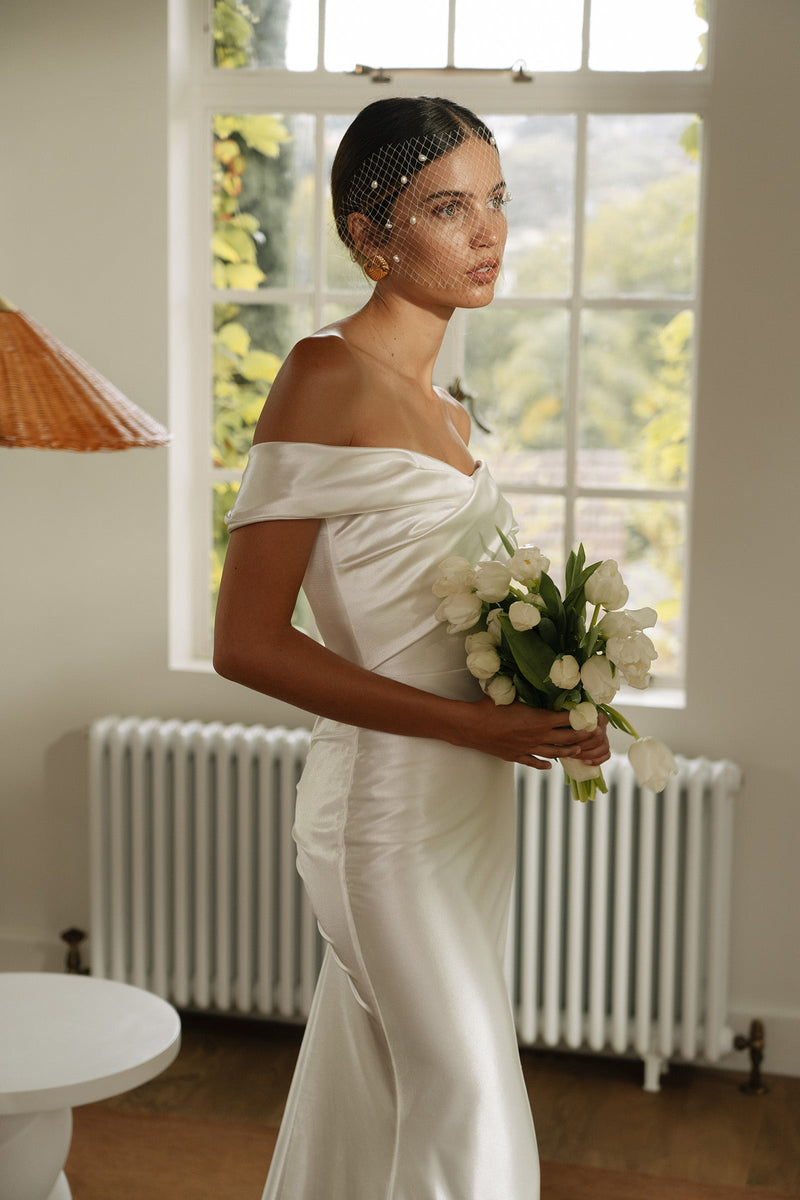 Cupid Off the Shoulder Satin Wedding Dress