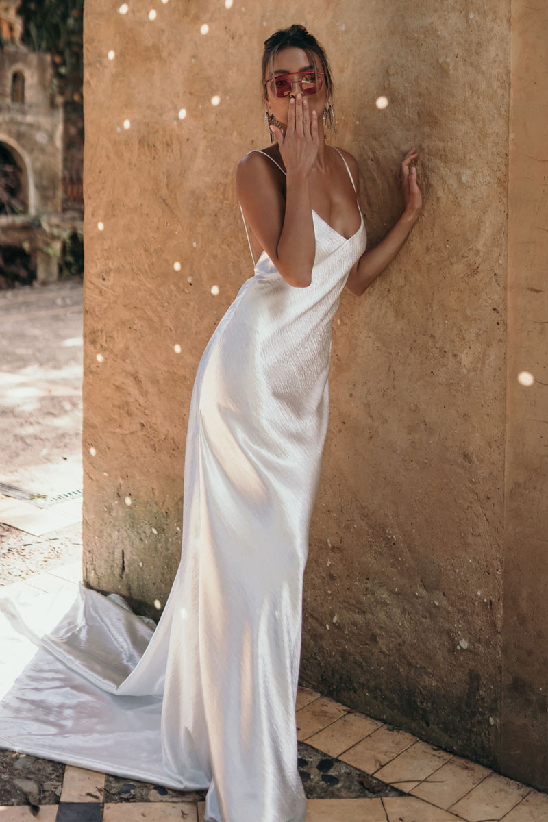 White silk shop backless dress