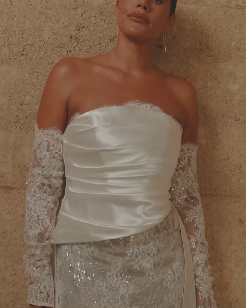 Strapless bridal bodice and sparkly wedding dress