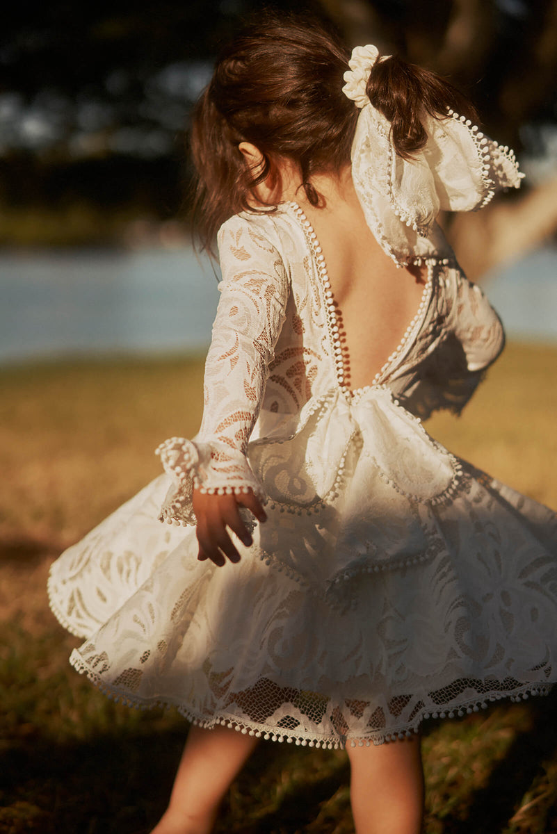 Long Sleeve flower girl dress, White lace flower girl dress