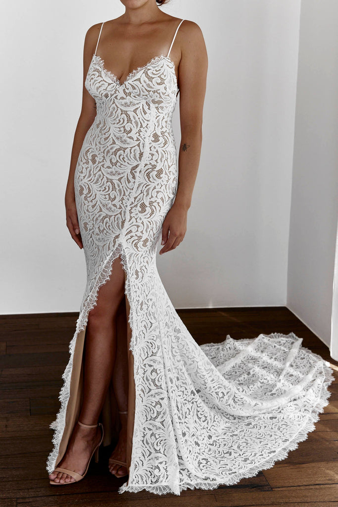 Sofia Gown in Ivory lace and Chai lining