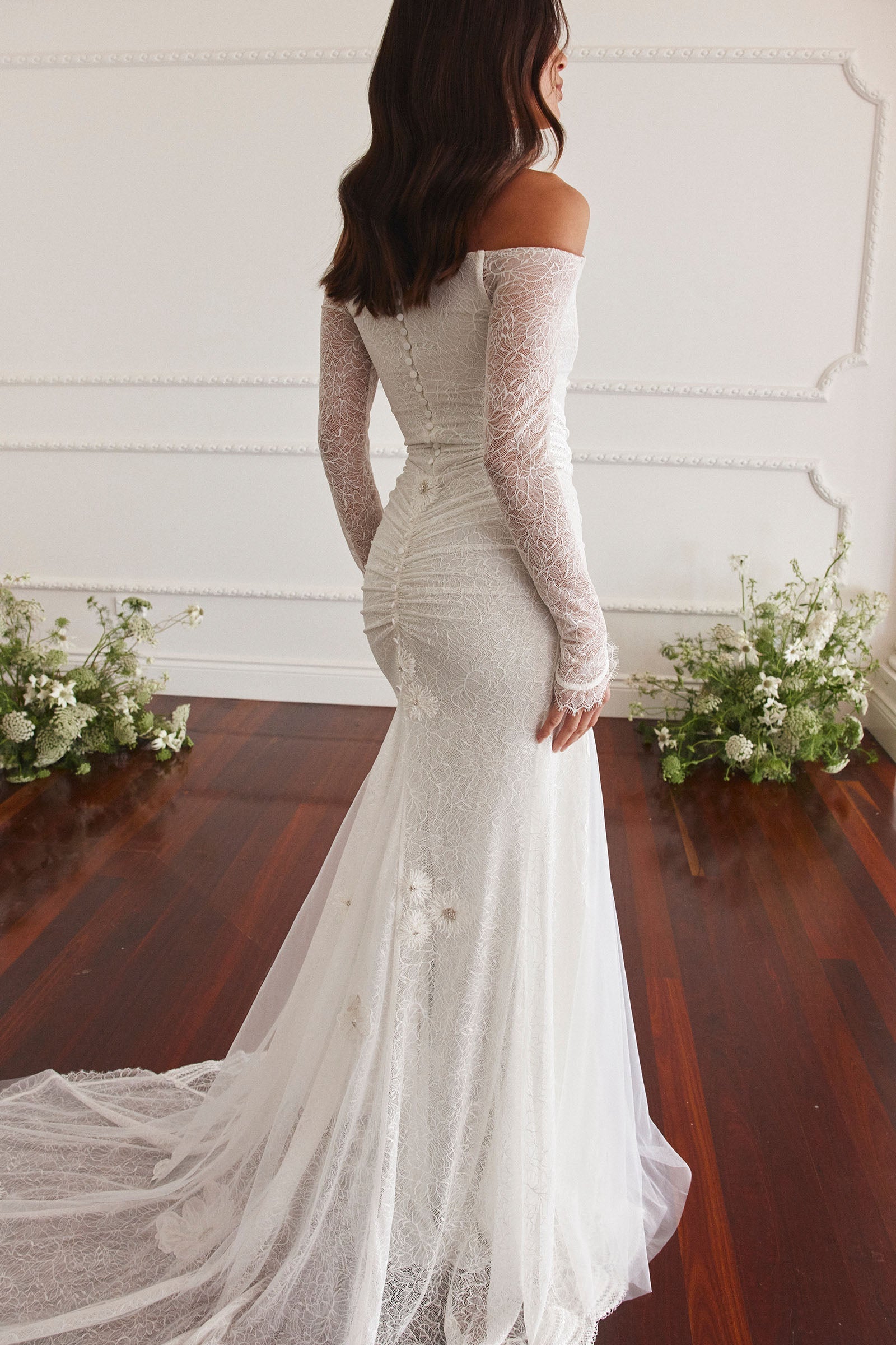 Long Sleeve Lace Wedding Dress Off the Shoulder Fit & Flare Mermaid Ivory M Gigi by Grace Loves Lace