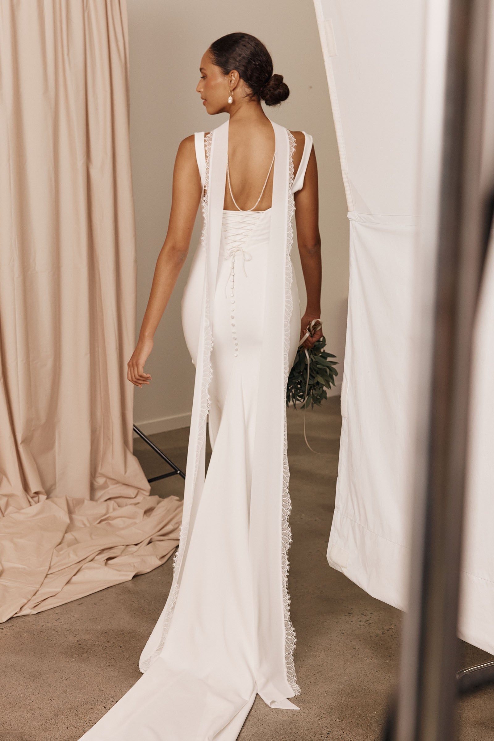 Corset White Crepe Wedding Dress Fit & Flare Mermaid Boning Made to Order XL James by Grace Loves Lace