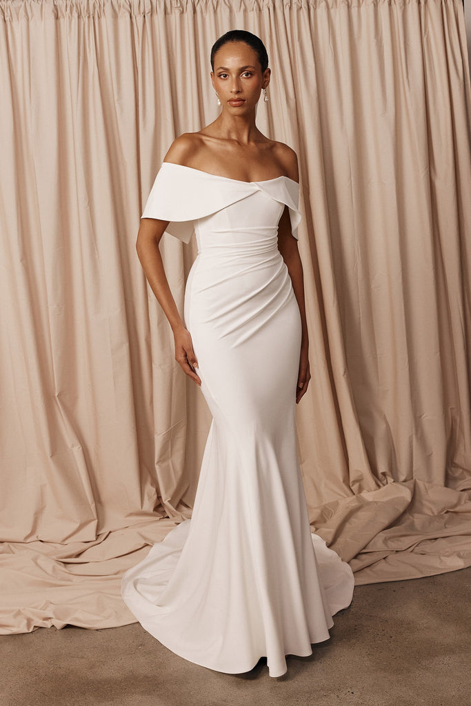 Off the Shoulder White Crepe Wedding Dress Fit & Flare Mermaid Boning Made to Order XL Juliette by Grace Loves Lace