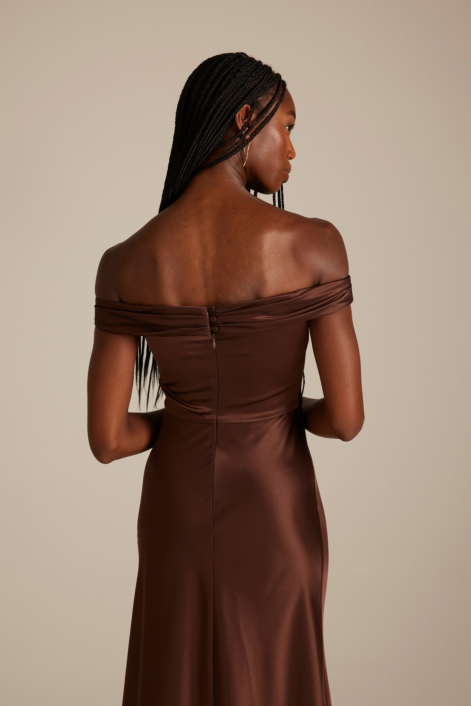 grace loves lace brown dress Spotted Dillon in Espresso Dropped cowl neckline and sleek satin for the perfect occasion wear dress. #graceloveslace #occasionwear #bridesmaiddressinspiration #espresso #satindress #cowlneck