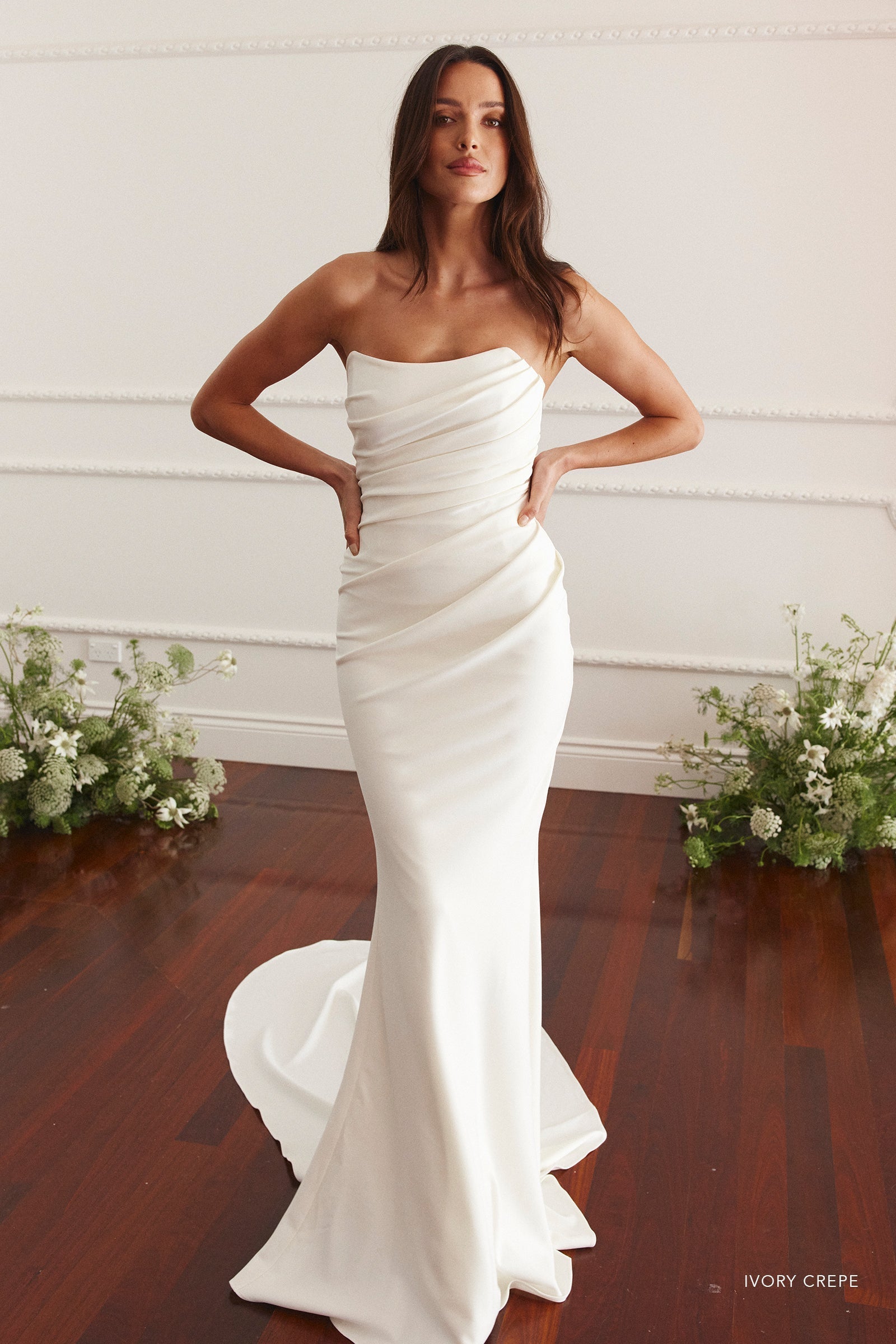 Strapless Crepe Wedding Dress Fit & Flare Mermaid White Off White Phoebe by Grace Loves Lace