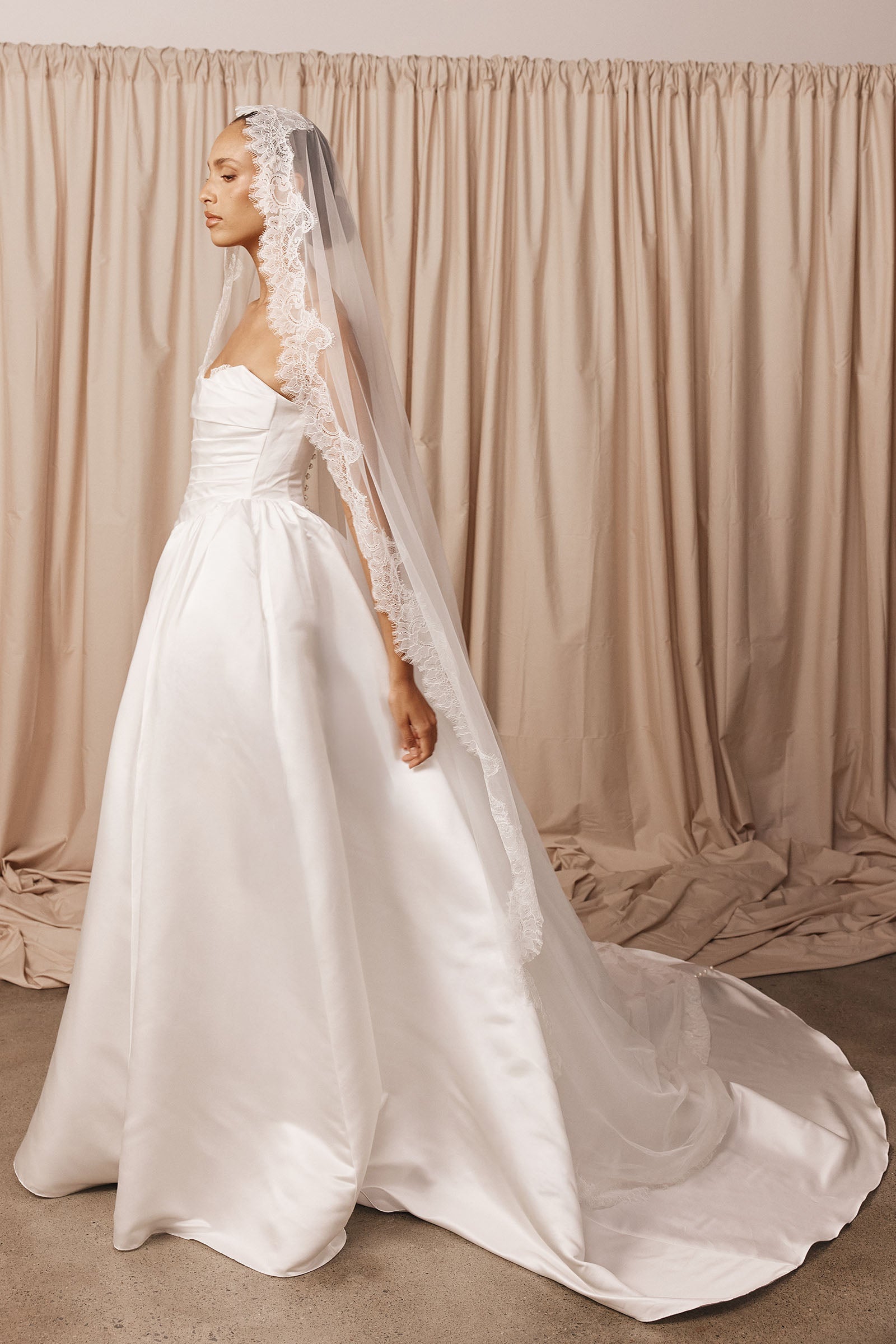 satin box pleat wedding dress Sophisticated Mikado satin & lace hi low drop waist wedding dress