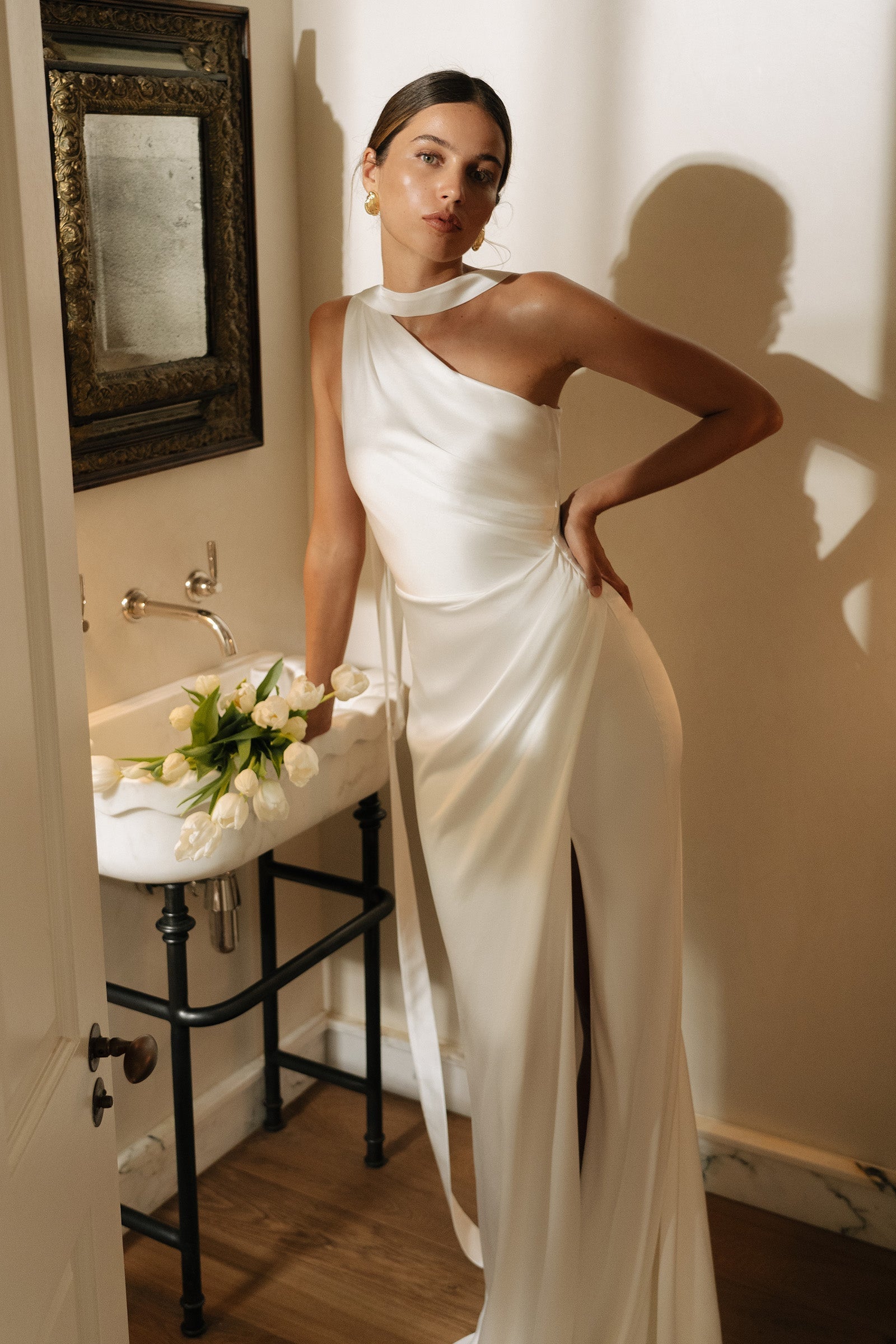 white one shoulder dress long Lingering Love One-Shoulder Twist Midi 36.0 CARE Hand Wash Cold Aire | One Shoulder Wedding