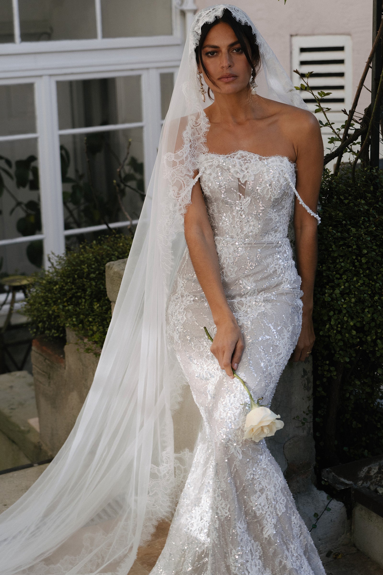 Strapless Beaded Sparkly Lace Wedding Dress Column Embellished XS Amandine by Grace Loves Lace Strapless Beaded Sparkly Lace Wedding Dress Column Embellished XS Amandine by Grace Loves Lace