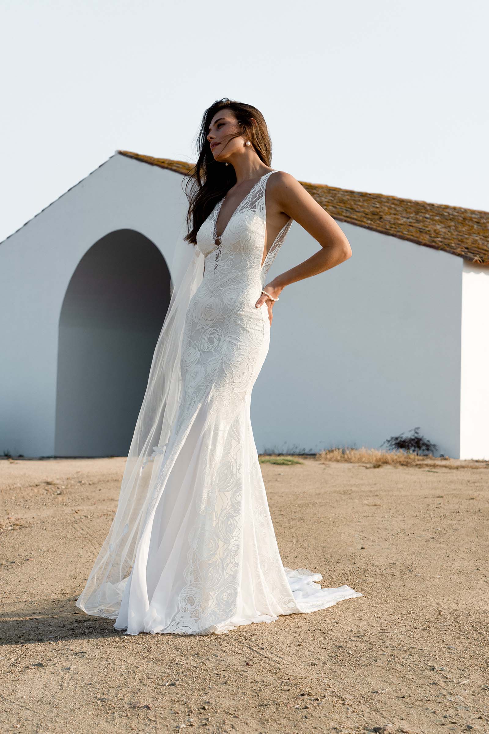 V Neck Floral Lace Wedding Dress Fit & Flare Mermaid Ivory XL Dahlia by Grace Loves Lace