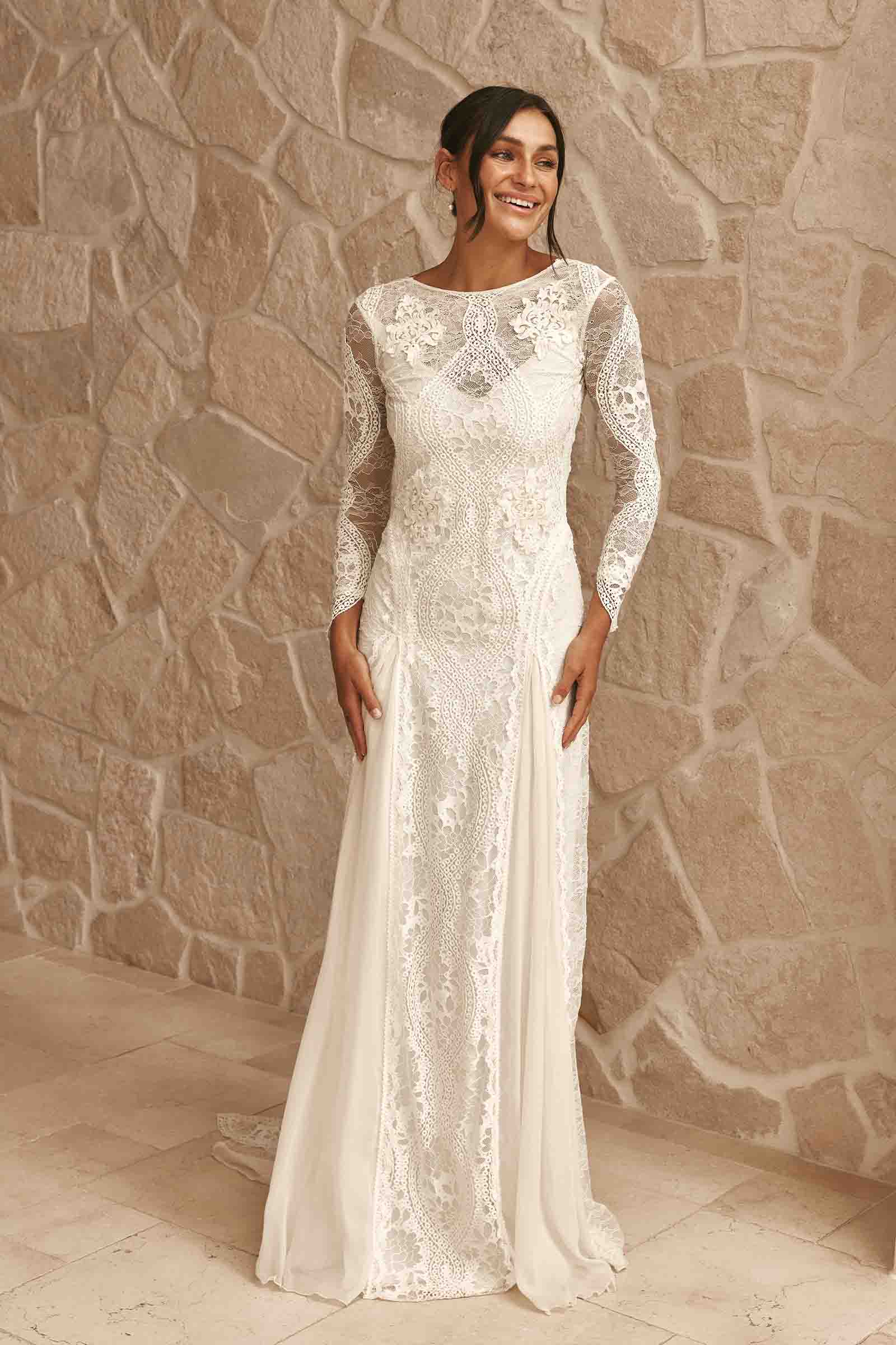Long Sleeve Lace Wedding Dress Boho High Neck Ivory Custom Size Range Inca by Grace Loves Lace