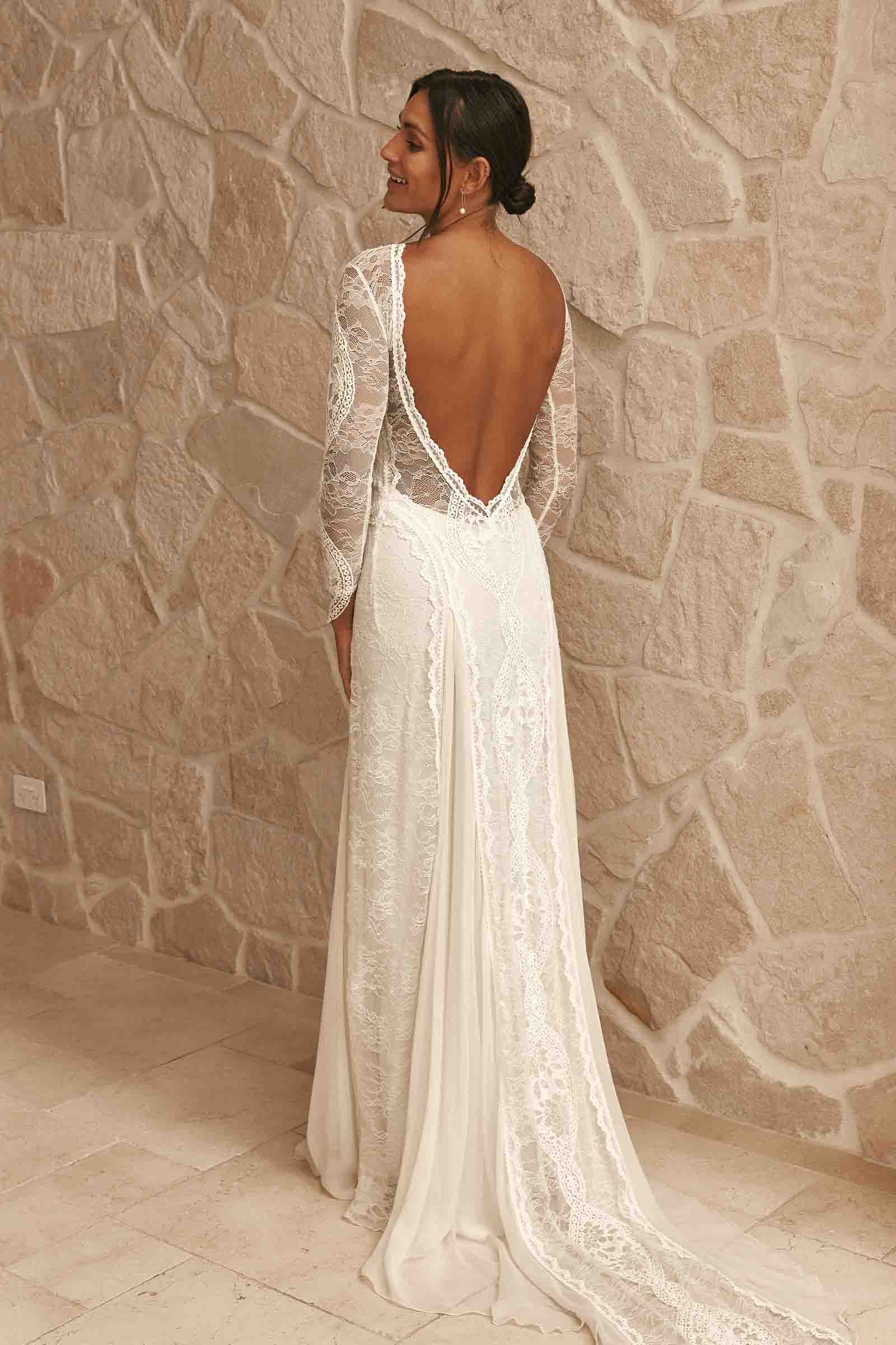 Long Sleeve Lace Wedding Dress Boho High Neck Ivory Custom Size Range Inca by Grace Loves Lace