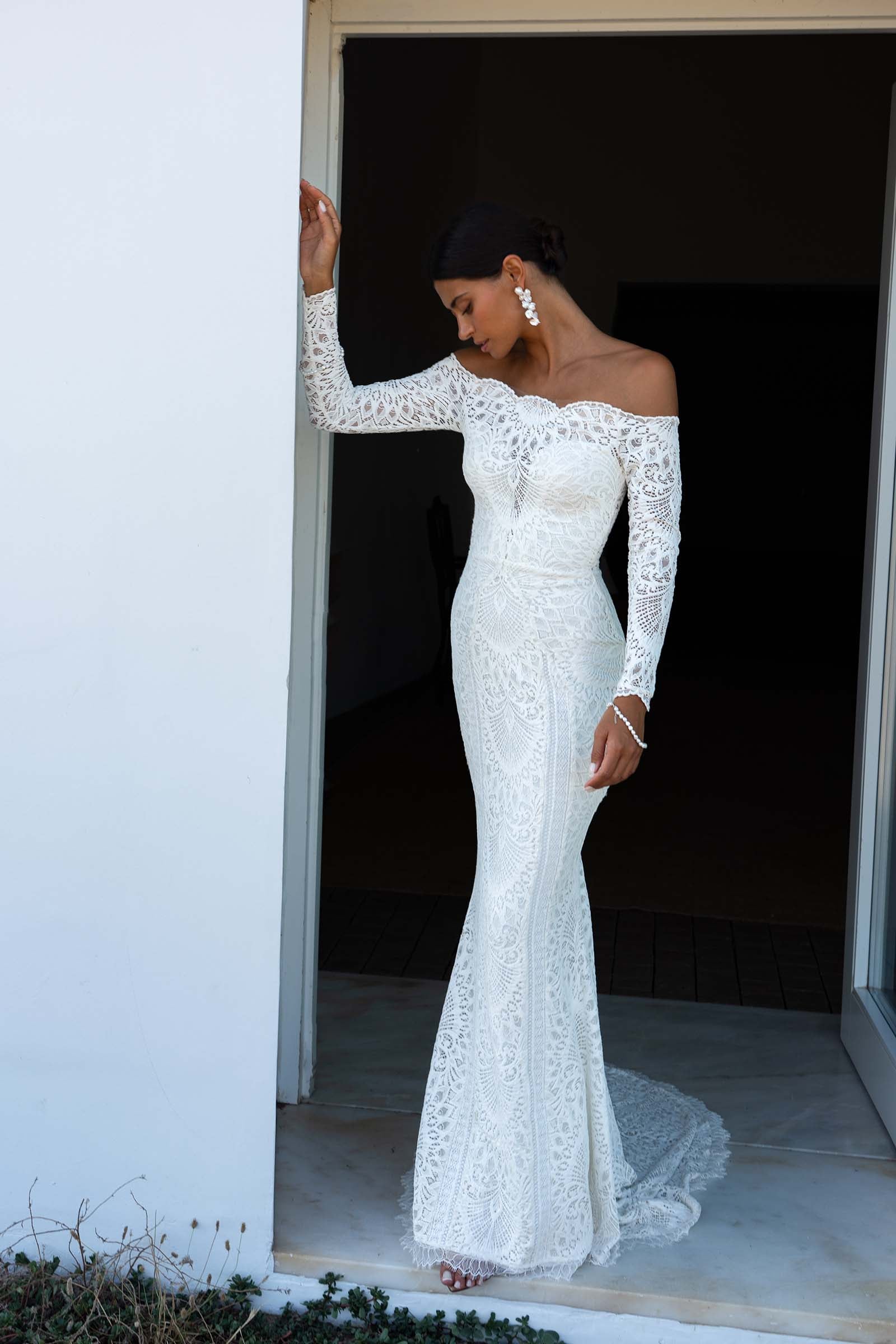 The Shoulder Solid White Long Sleeve Wedding Dress Nathalia Lace