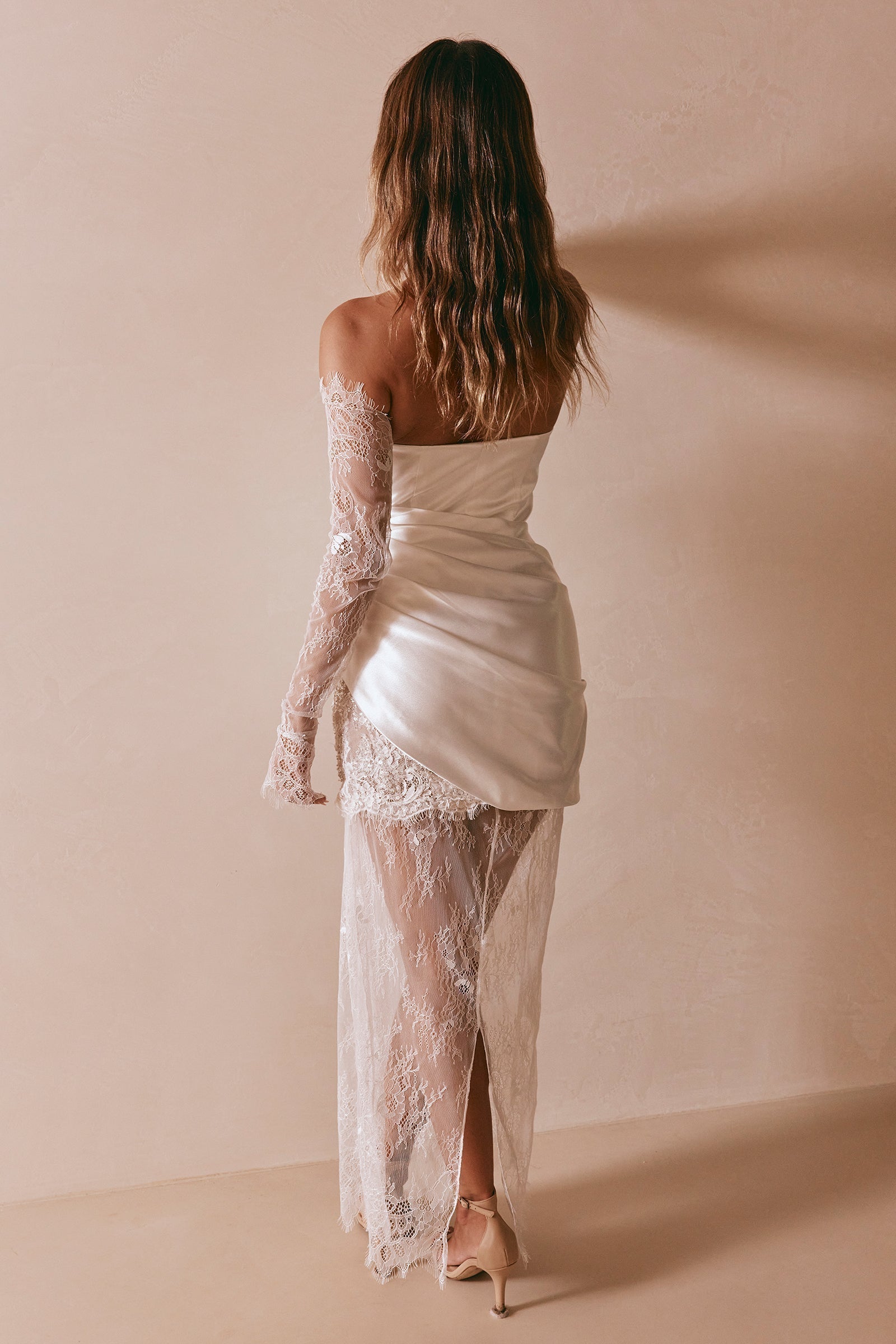 cotton sateen wedding dress Modest cotton wedding dress with high-neck bodice and draped skirt