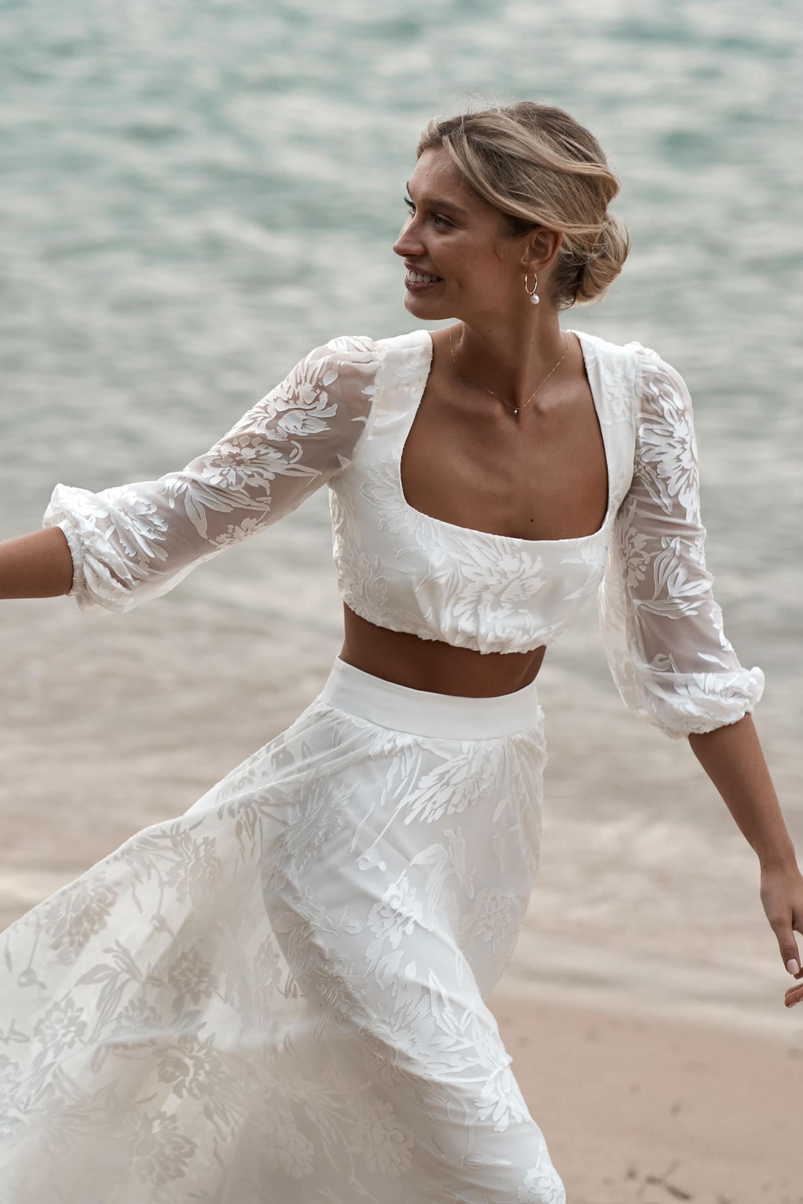 Beach Flowy Off the Shoulder Two Piece Lace Wedding Dress