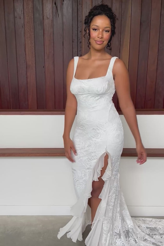 Square neck lace wedding dress