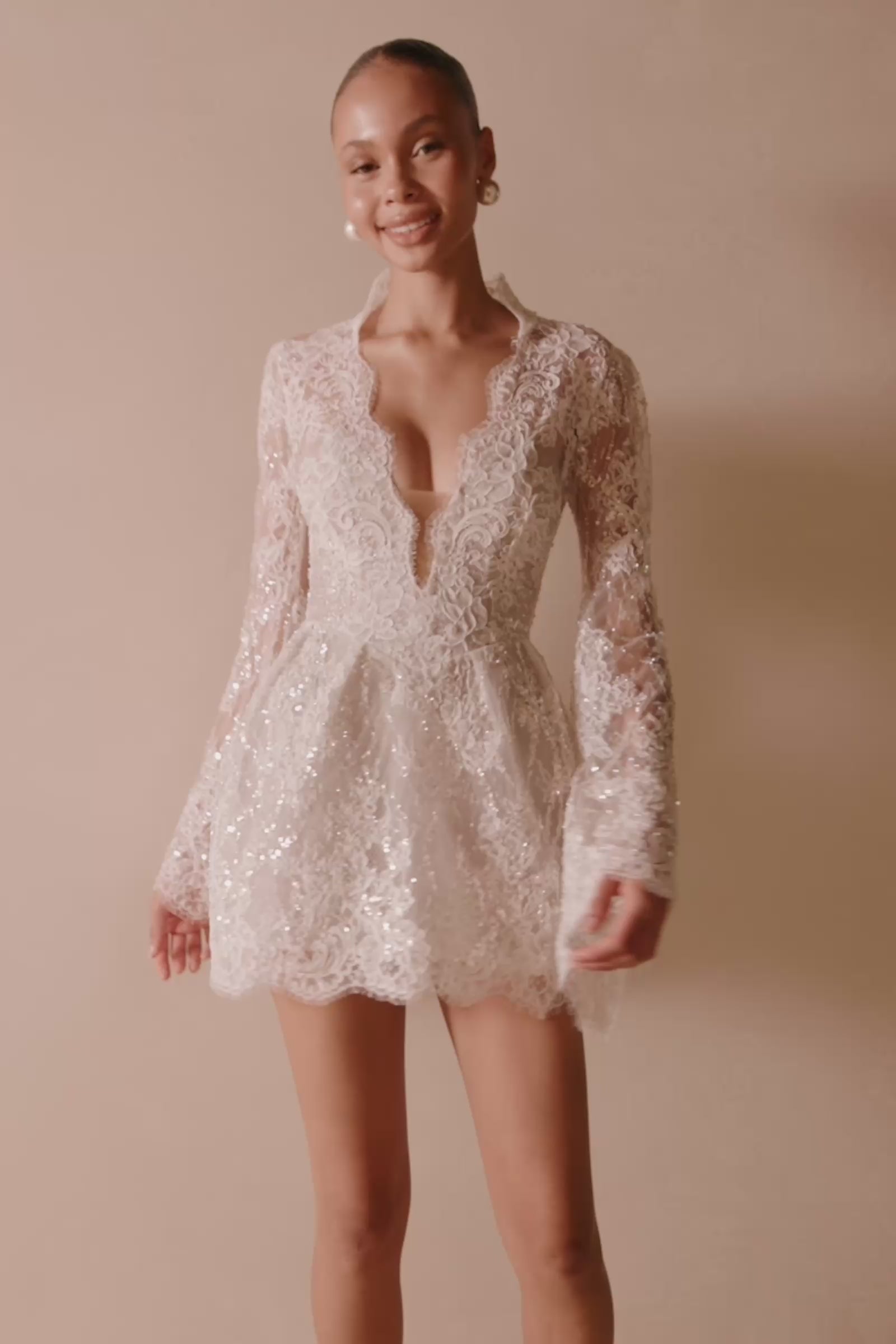 short long sleeve wedding dress Andrea and Leo Couture WL021 Off the Shoulder Lace Sleeves 10 / Off White This lace applique and chantilly lace dress gives you two looks in one Boho Short Wedding Dress 0027